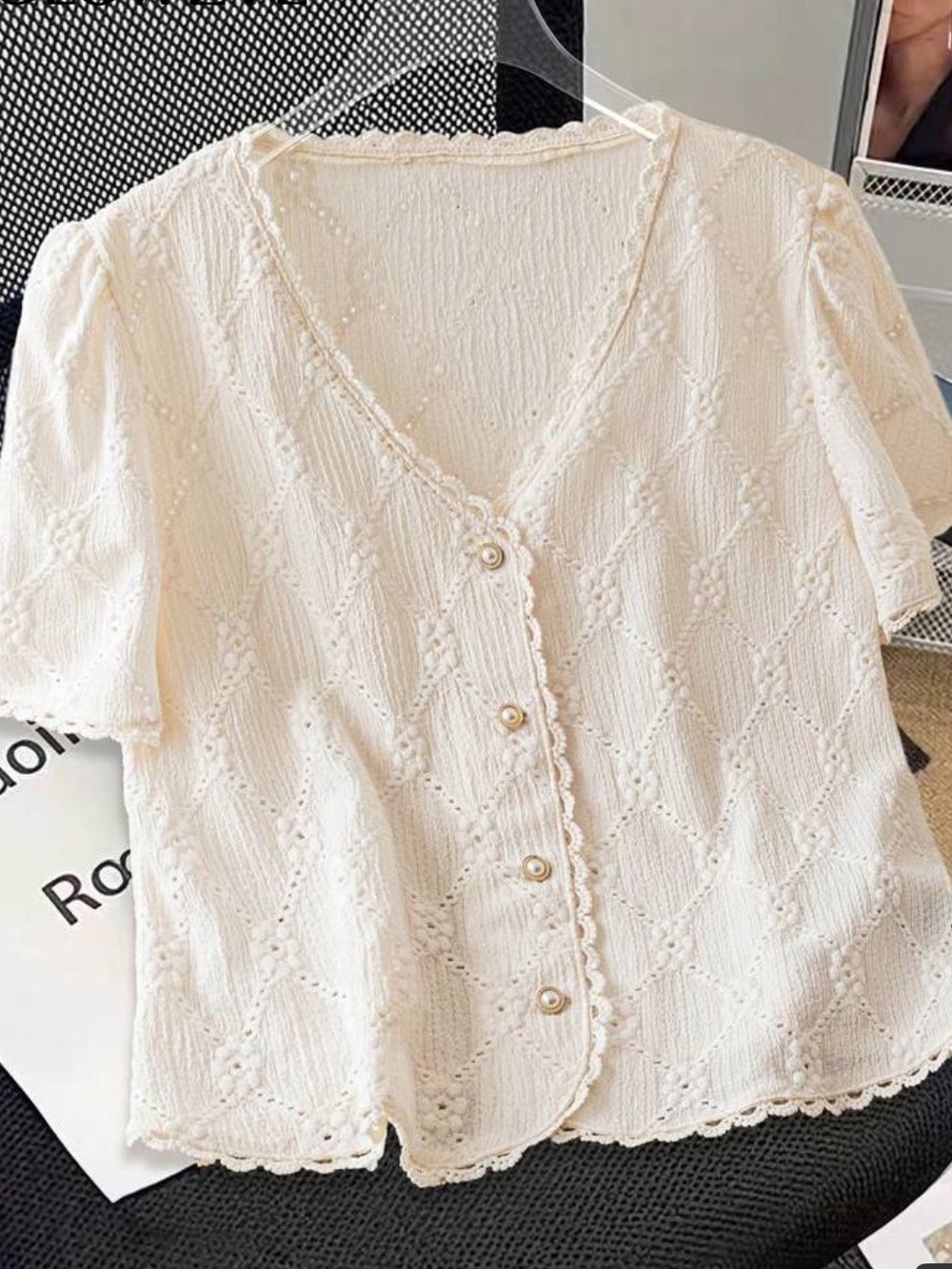 Women's Cream Knit Button-Down Short Sleeve Top
